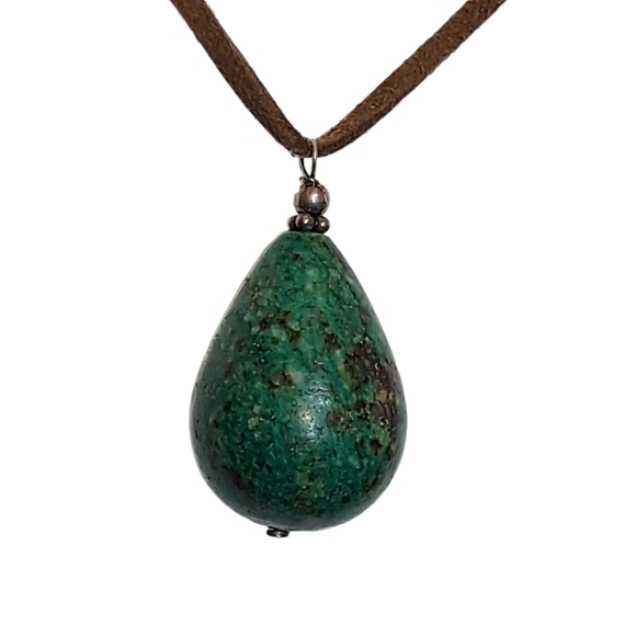 Green Jasper Teardrop Pendant Necklace on Brown Leather Cord Artisan Style NWOT - Picture 3 of 6